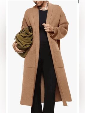 Mango Long Open-Front Pocket Cardigan in Camel